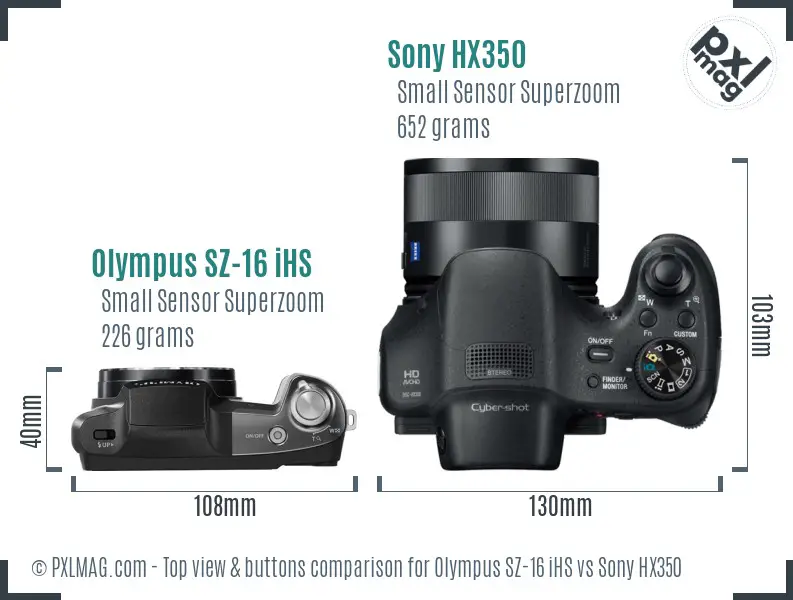 Olympus SZ-16 iHS vs Sony HX350 top view buttons comparison