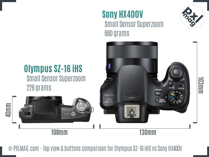 Olympus SZ-16 iHS vs Sony HX400V top view buttons comparison