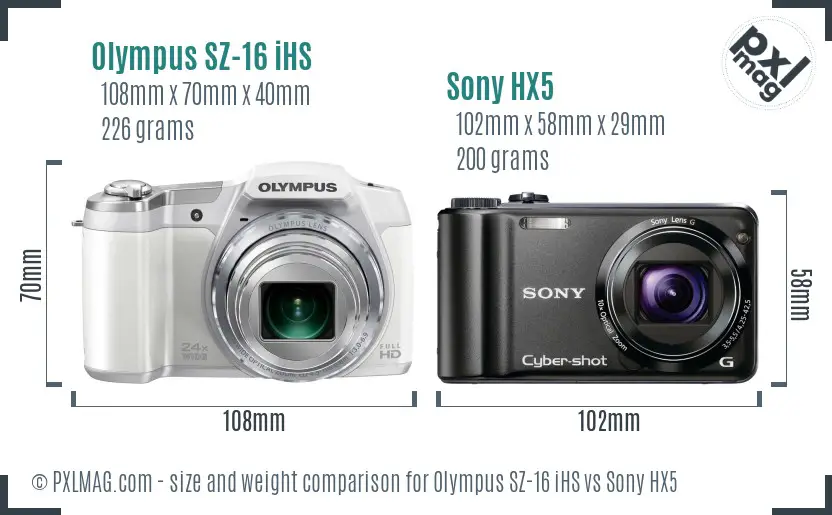 Olympus SZ-16 iHS vs Sony HX5 size comparison