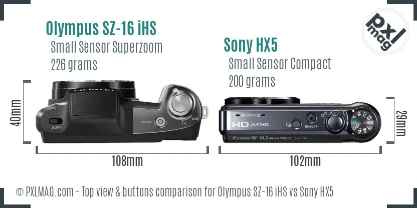 Olympus SZ-16 iHS vs Sony HX5 top view buttons comparison