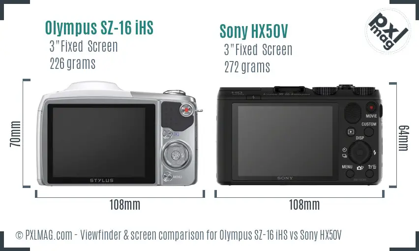 Olympus SZ-16 iHS vs Sony HX50V Screen and Viewfinder comparison
