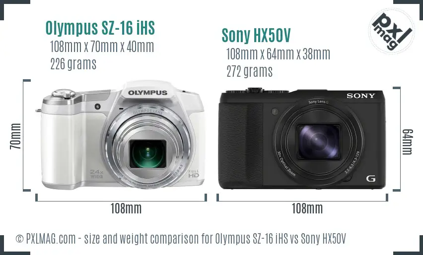 Olympus SZ-16 iHS vs Sony HX50V size comparison