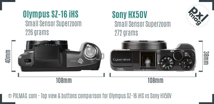 Olympus SZ-16 iHS vs Sony HX50V top view buttons comparison