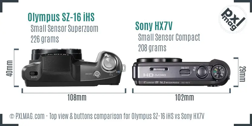Olympus SZ-16 iHS vs Sony HX7V top view buttons comparison