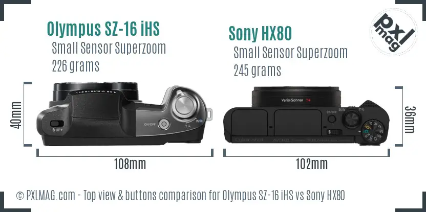 Olympus SZ-16 iHS vs Sony HX80 top view buttons comparison
