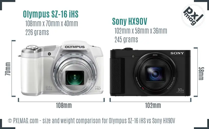 Olympus SZ-16 iHS vs Sony HX90V size comparison