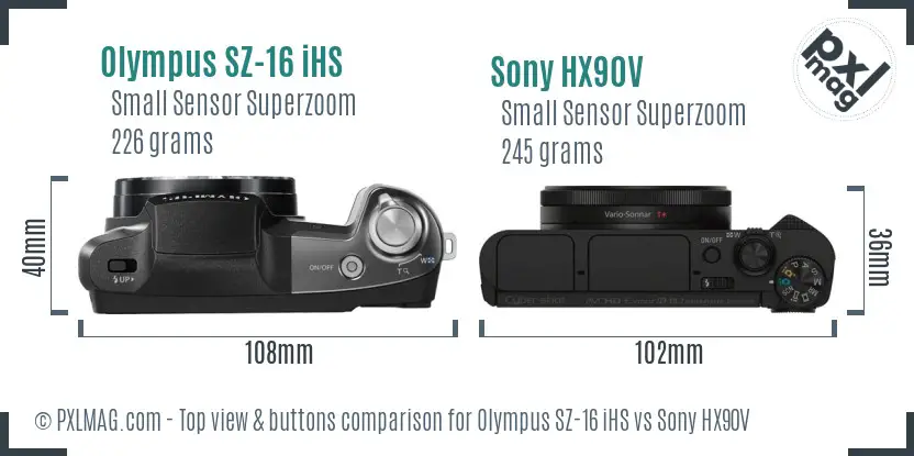 Olympus SZ-16 iHS vs Sony HX90V top view buttons comparison