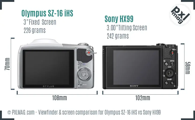 Olympus SZ-16 iHS vs Sony HX99 Screen and Viewfinder comparison