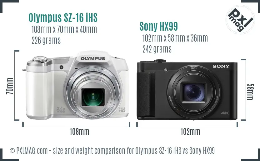 Olympus SZ-16 iHS vs Sony HX99 size comparison