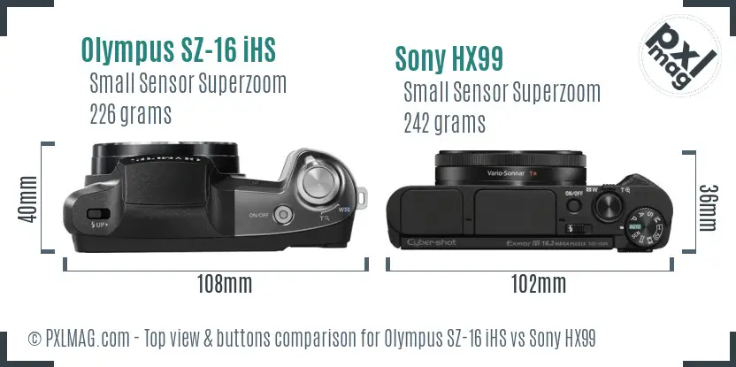 Olympus SZ-16 iHS vs Sony HX99 top view buttons comparison