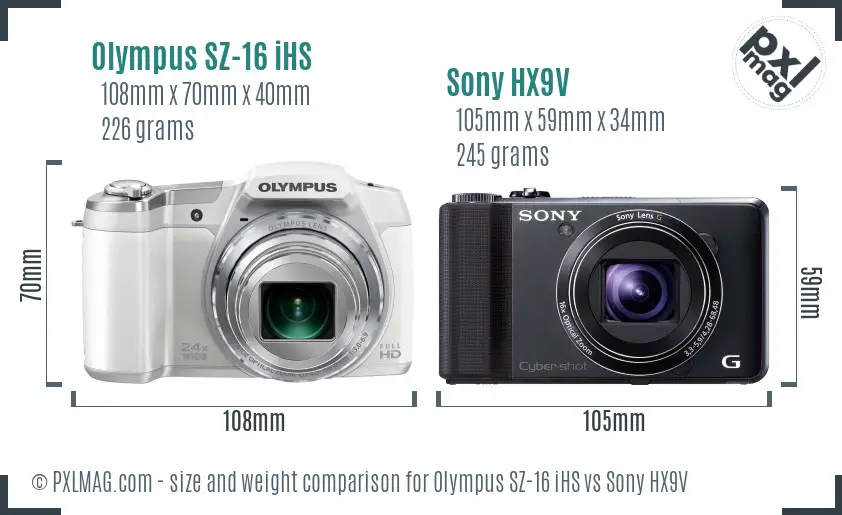 Olympus SZ-16 iHS vs Sony HX9V size comparison