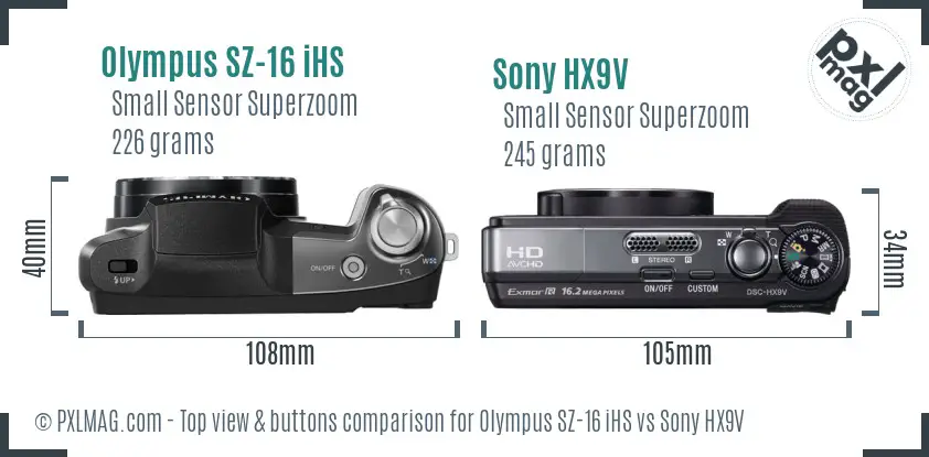 Olympus SZ-16 iHS vs Sony HX9V top view buttons comparison