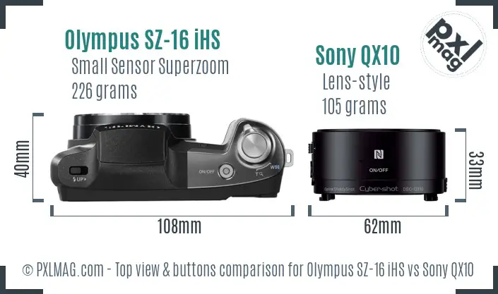Olympus SZ-16 iHS vs Sony QX10 top view buttons comparison