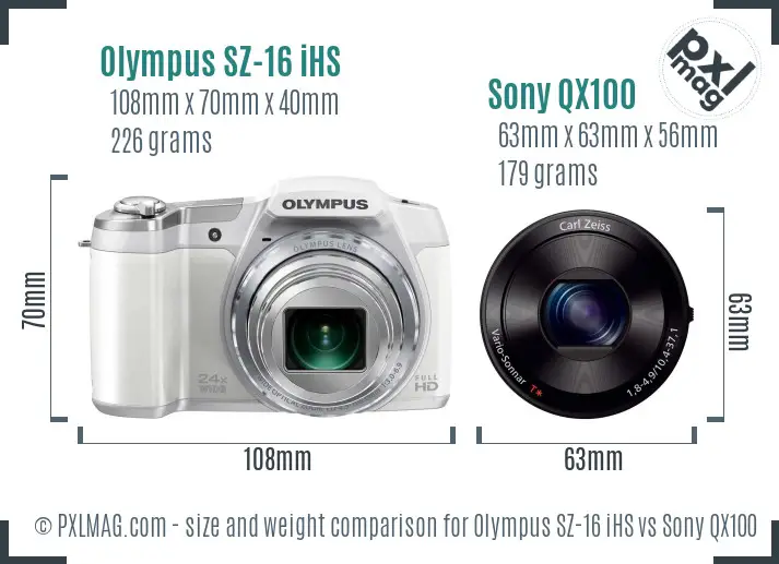Olympus SZ-16 iHS vs Sony QX100 size comparison