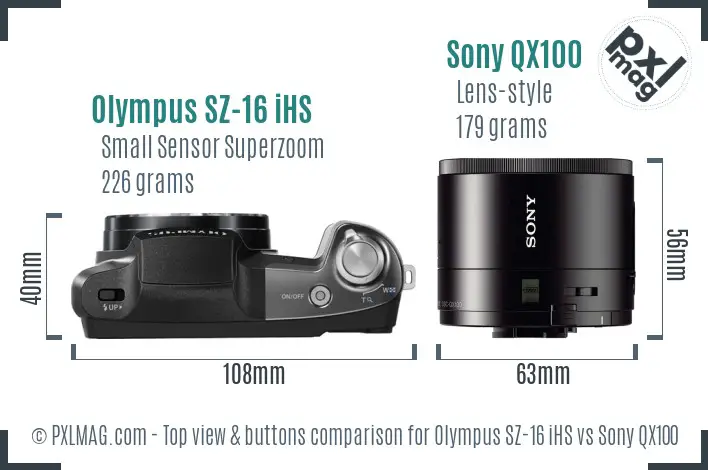 Olympus SZ-16 iHS vs Sony QX100 top view buttons comparison