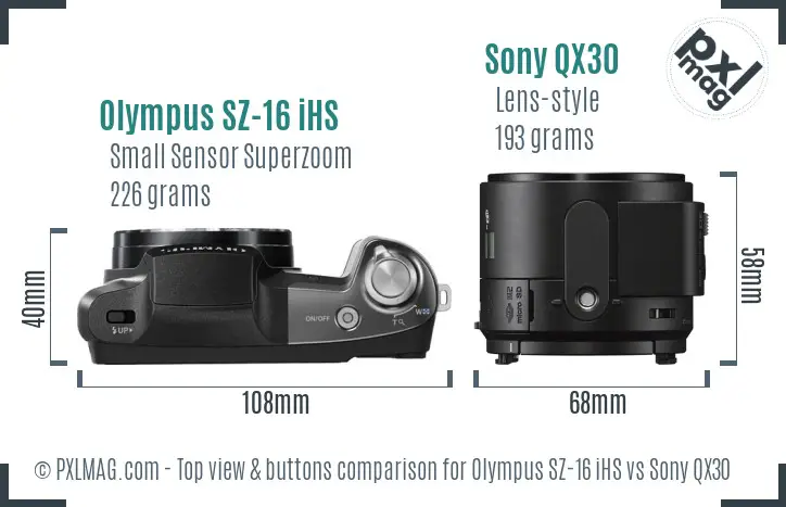 Olympus SZ-16 iHS vs Sony QX30 top view buttons comparison