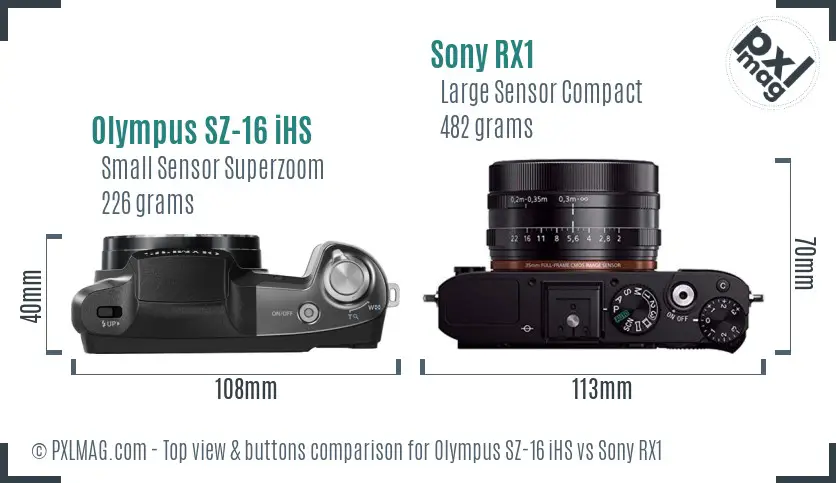 Olympus SZ-16 iHS vs Sony RX1 top view buttons comparison