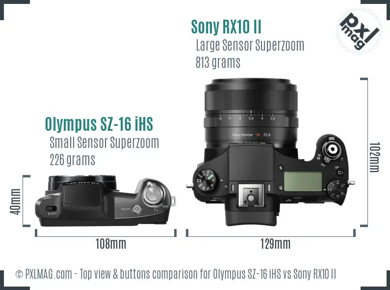 Olympus SZ-16 iHS vs Sony RX10 II top view buttons comparison