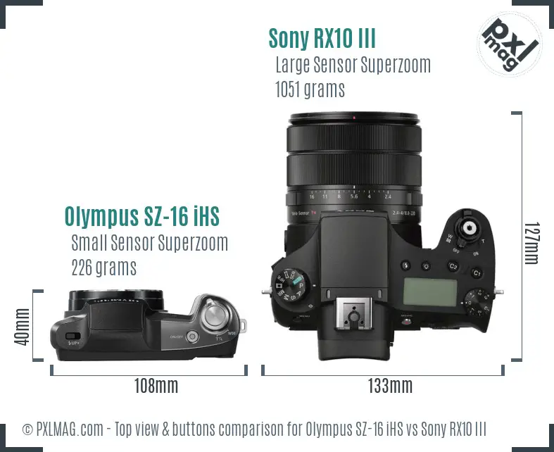 Olympus SZ-16 iHS vs Sony RX10 III top view buttons comparison