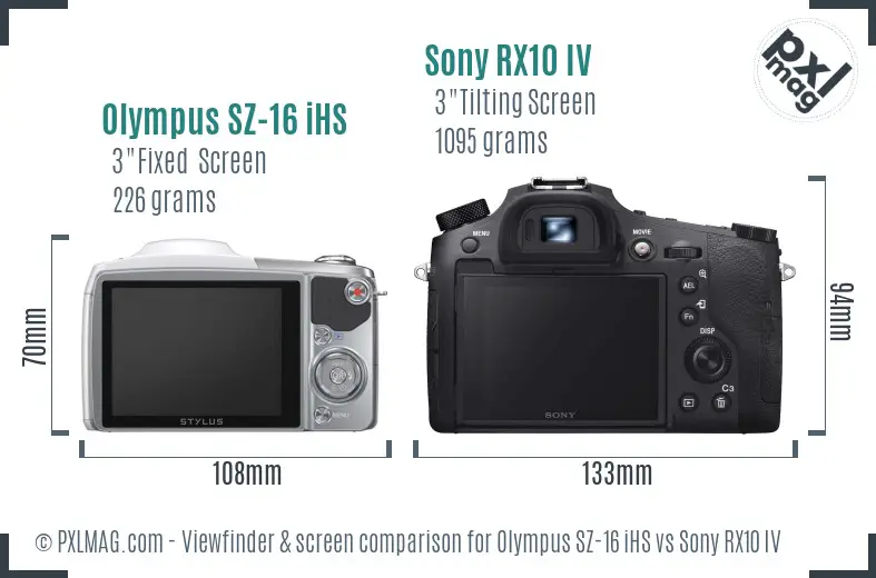 Olympus SZ-16 iHS vs Sony RX10 IV Screen and Viewfinder comparison