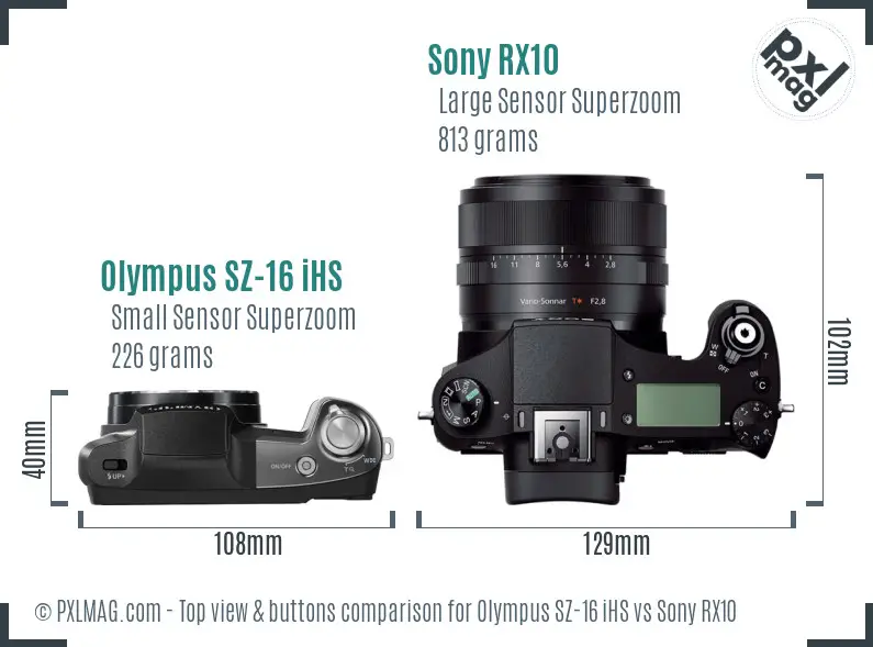Olympus SZ-16 iHS vs Sony RX10 top view buttons comparison
