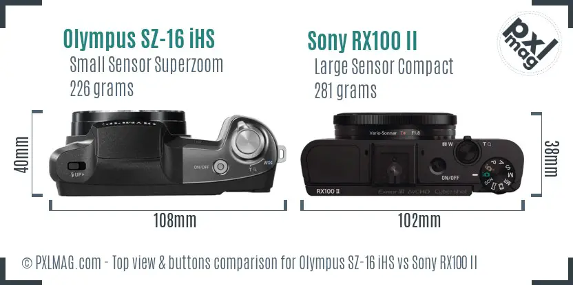 Olympus SZ-16 iHS vs Sony RX100 II top view buttons comparison