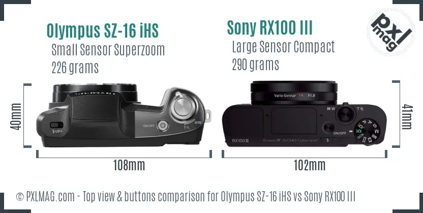 Olympus SZ-16 iHS vs Sony RX100 III top view buttons comparison