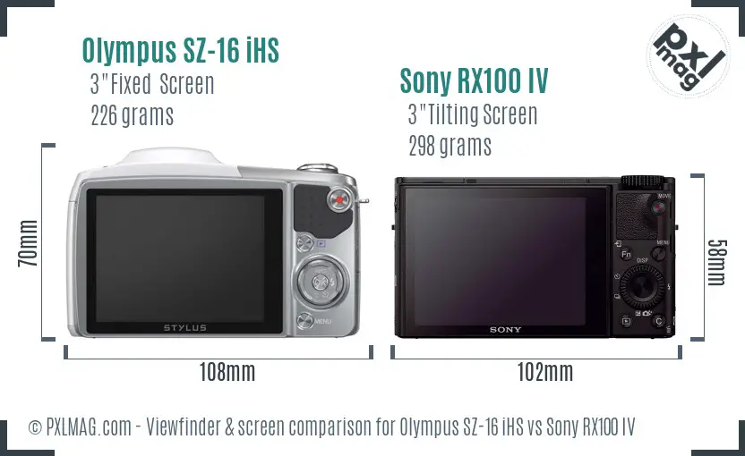 Olympus SZ-16 iHS vs Sony RX100 IV Screen and Viewfinder comparison