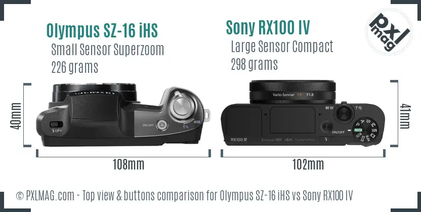 Olympus SZ-16 iHS vs Sony RX100 IV top view buttons comparison