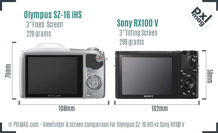 Olympus SZ-16 iHS vs Sony RX100 V Screen and Viewfinder comparison