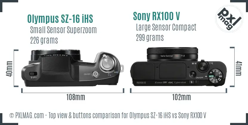Olympus SZ-16 iHS vs Sony RX100 V top view buttons comparison