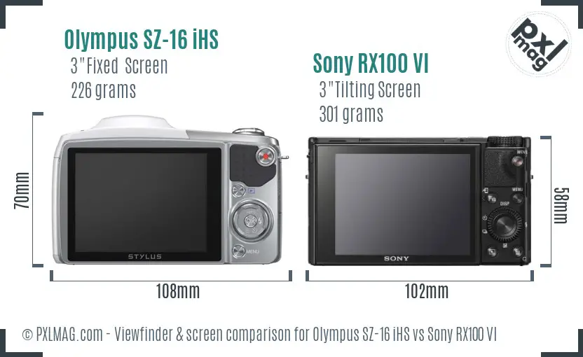 Olympus SZ-16 iHS vs Sony RX100 VI Screen and Viewfinder comparison