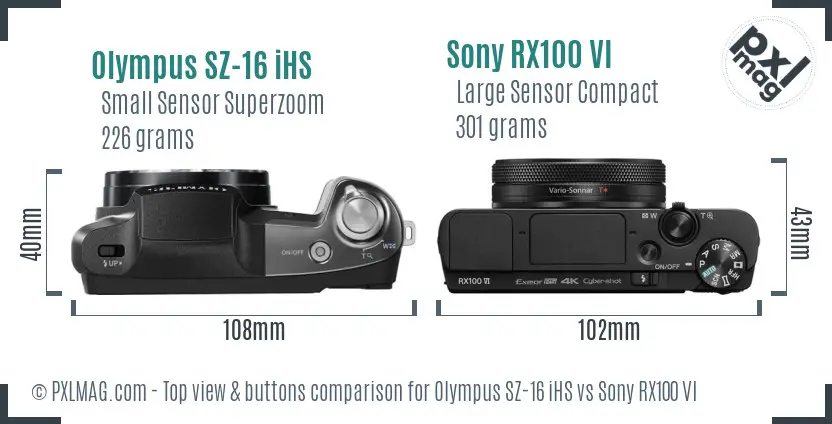 Olympus SZ-16 iHS vs Sony RX100 VI top view buttons comparison