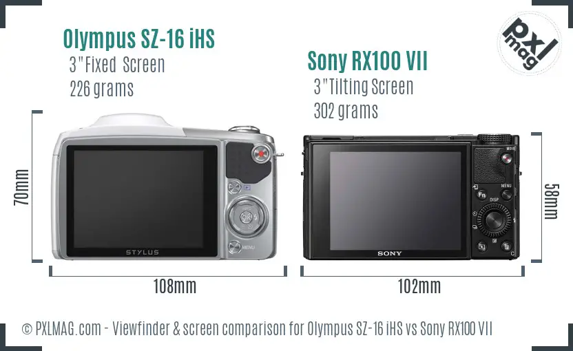 Olympus SZ-16 iHS vs Sony RX100 VII Screen and Viewfinder comparison