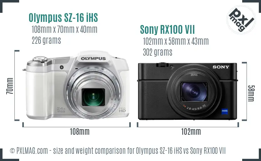 Olympus SZ-16 iHS vs Sony RX100 VII size comparison