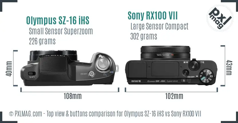 Olympus SZ-16 iHS vs Sony RX100 VII top view buttons comparison