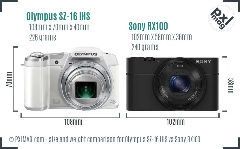 Olympus SZ-16 iHS vs Sony RX100 size comparison