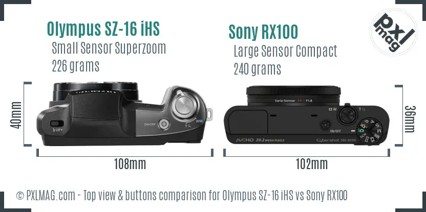 Olympus SZ-16 iHS vs Sony RX100 top view buttons comparison