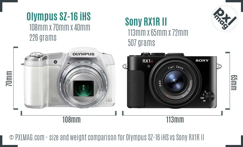 Olympus SZ-16 iHS vs Sony RX1R II size comparison