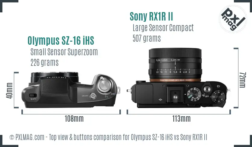 Olympus SZ-16 iHS vs Sony RX1R II top view buttons comparison