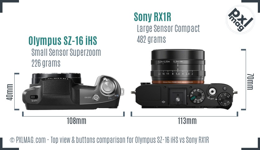 Olympus SZ-16 iHS vs Sony RX1R top view buttons comparison