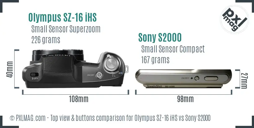 Olympus SZ-16 iHS vs Sony S2000 top view buttons comparison