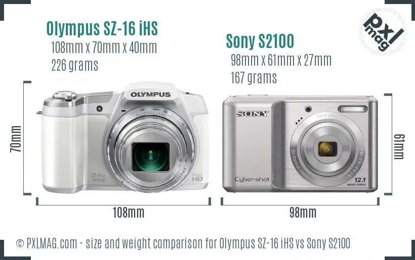 Olympus SZ-16 iHS vs Sony S2100 size comparison