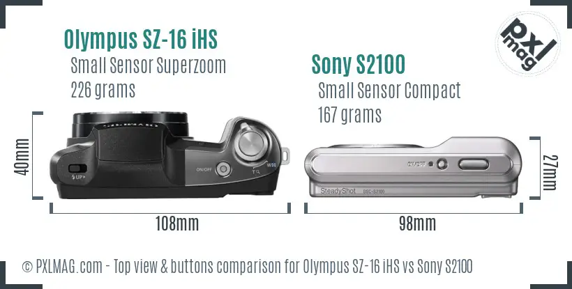 Olympus SZ-16 iHS vs Sony S2100 top view buttons comparison