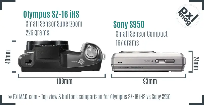Olympus SZ-16 iHS vs Sony S950 top view buttons comparison