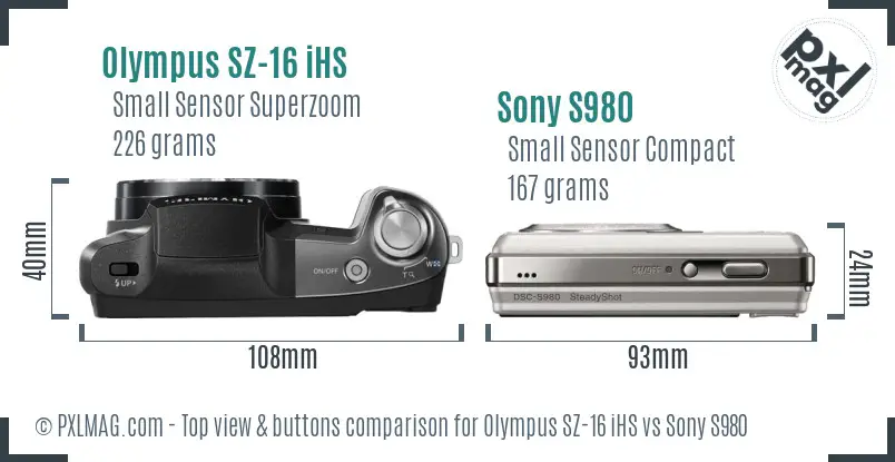 Olympus SZ-16 iHS vs Sony S980 top view buttons comparison