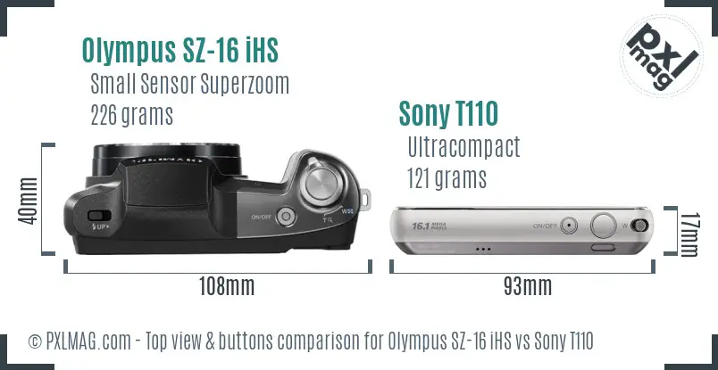 Olympus SZ-16 iHS vs Sony T110 top view buttons comparison