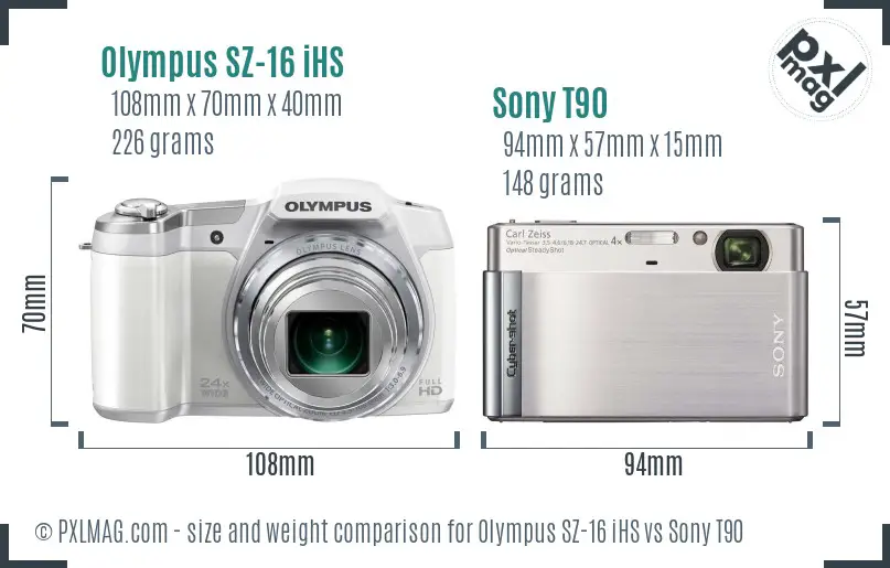 Olympus SZ-16 iHS vs Sony T90 size comparison