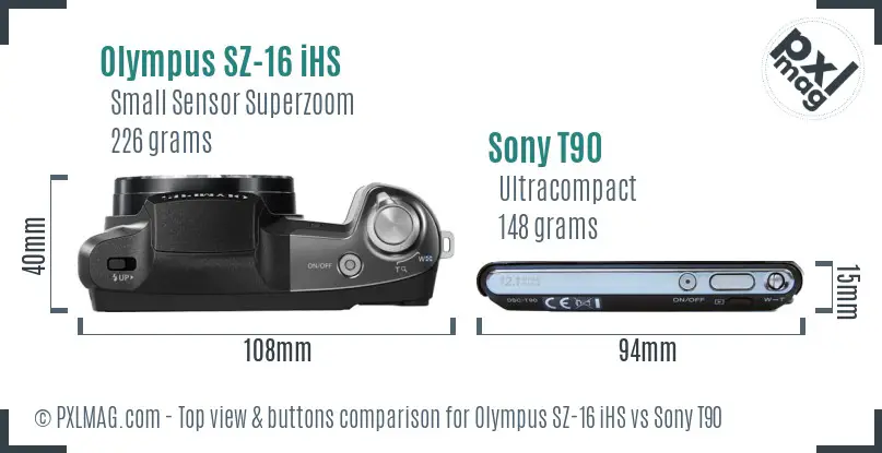 Olympus SZ-16 iHS vs Sony T90 top view buttons comparison