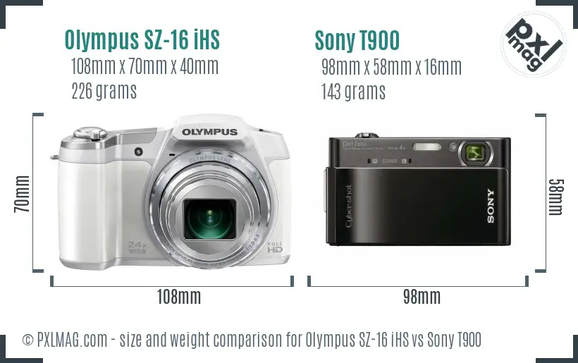 Olympus SZ-16 iHS vs Sony T900 size comparison